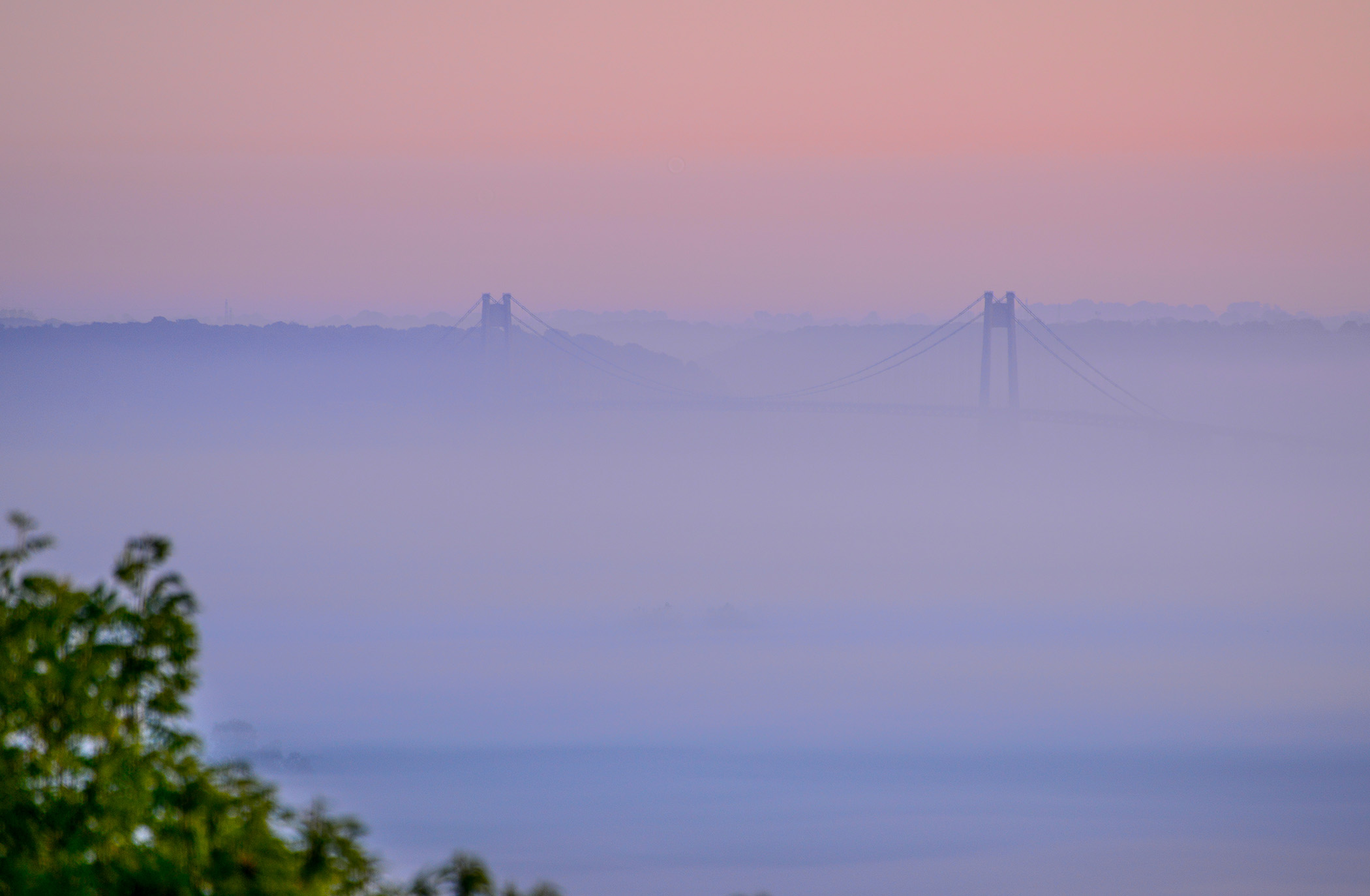 Le pont de Tancarville surgit du brouillard, à l’aube, au-dessus de l’estuaire