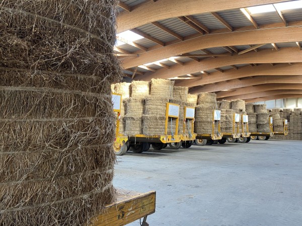 Hangar : balles empilées/alignées, logistique de la filière. • Photo © Stéphane l’Hôte