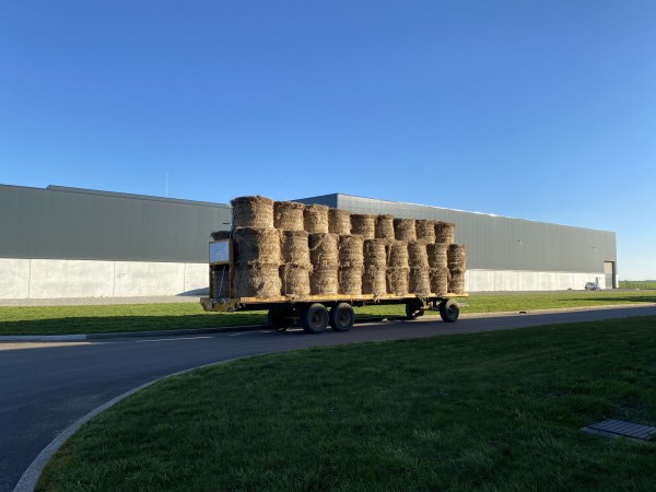 Balles chargées : transport/logistique, lin prêt à quitter le site. • Photo © Stéphane l’Hôte